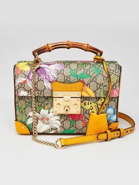 Gucci Yellow Leather Flora Printed GG Supreme Canvas Small Padlock Bamboo Bag